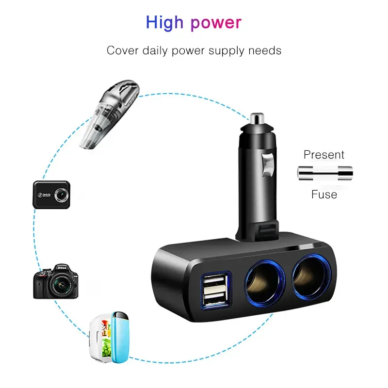 120W 1 To 2 Cigarette Lighter Sockets With Dual Usb Car Charger