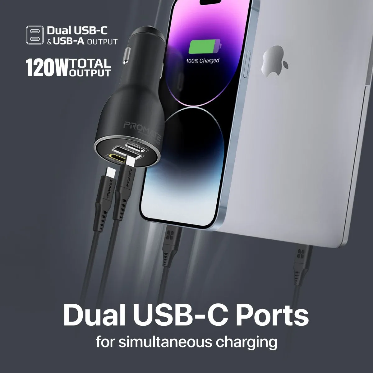 120W RapidCharge™ Car Charger with Dual Power Delivery and Quick Charge Ports