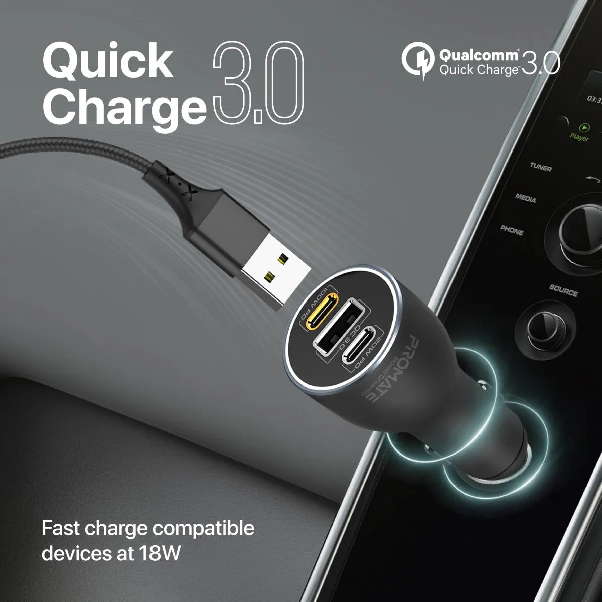 120W RapidCharge™ Car Charger with Dual Power Delivery and Quick Charge Ports