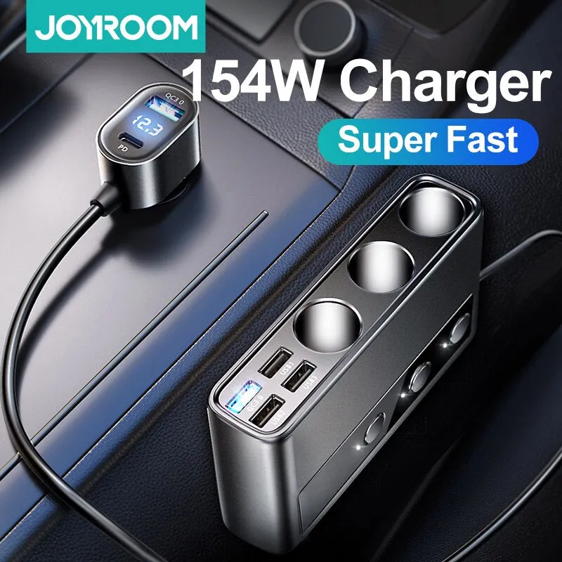 154W Car Charger Adapter 9 in 1 PD 3 Socket Cigarette Lighter Splitter Charge Independent Switches