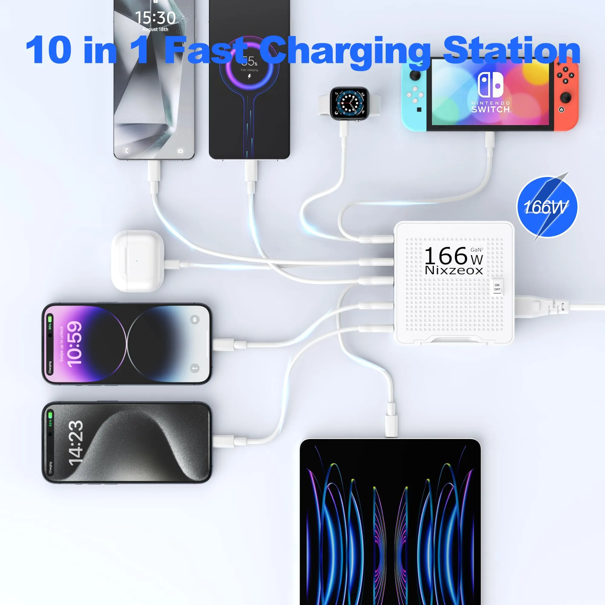 166W GaN 10-Port USB C Charging Station PD20W QC18W Fast Charging Wall Charger for iPhone 15/14/13/12/11 iPad Samsung Pixel 5FT Extension Cord White-Silver