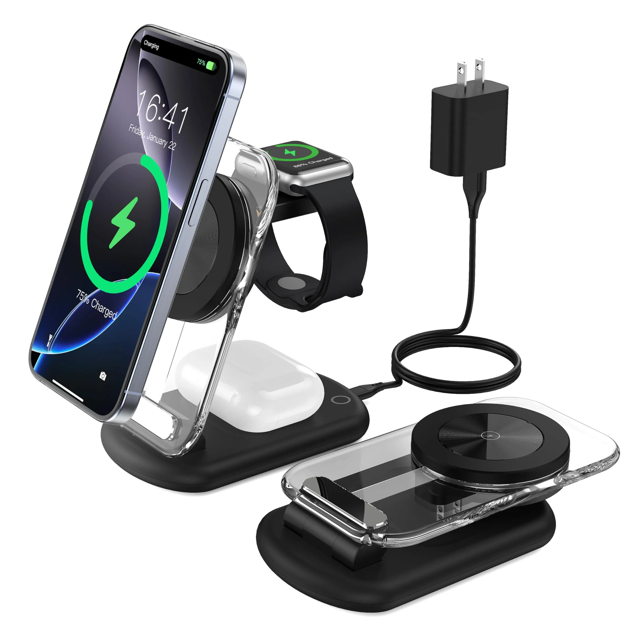 3 in 1 Magnetic Wireless Charging Station for Apple Devices, Fast Foldable Travel Mag-Safe Charger Stand with Night Light for iPhone 16 15 14 13 12 Series, Apple Watch/AirPods Pro