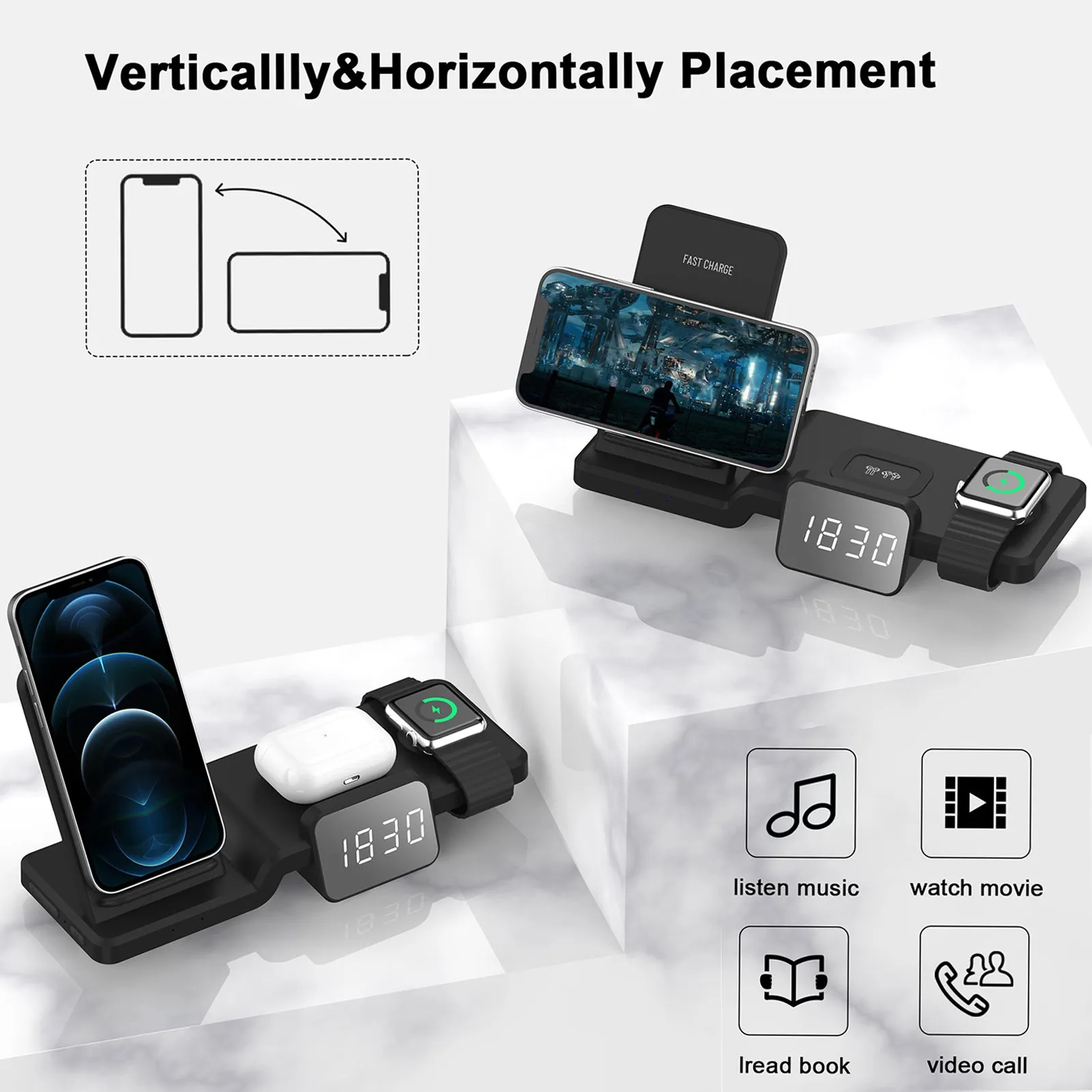 3 in 1 Wireless Charger Stand with Clock for Multiple Devices