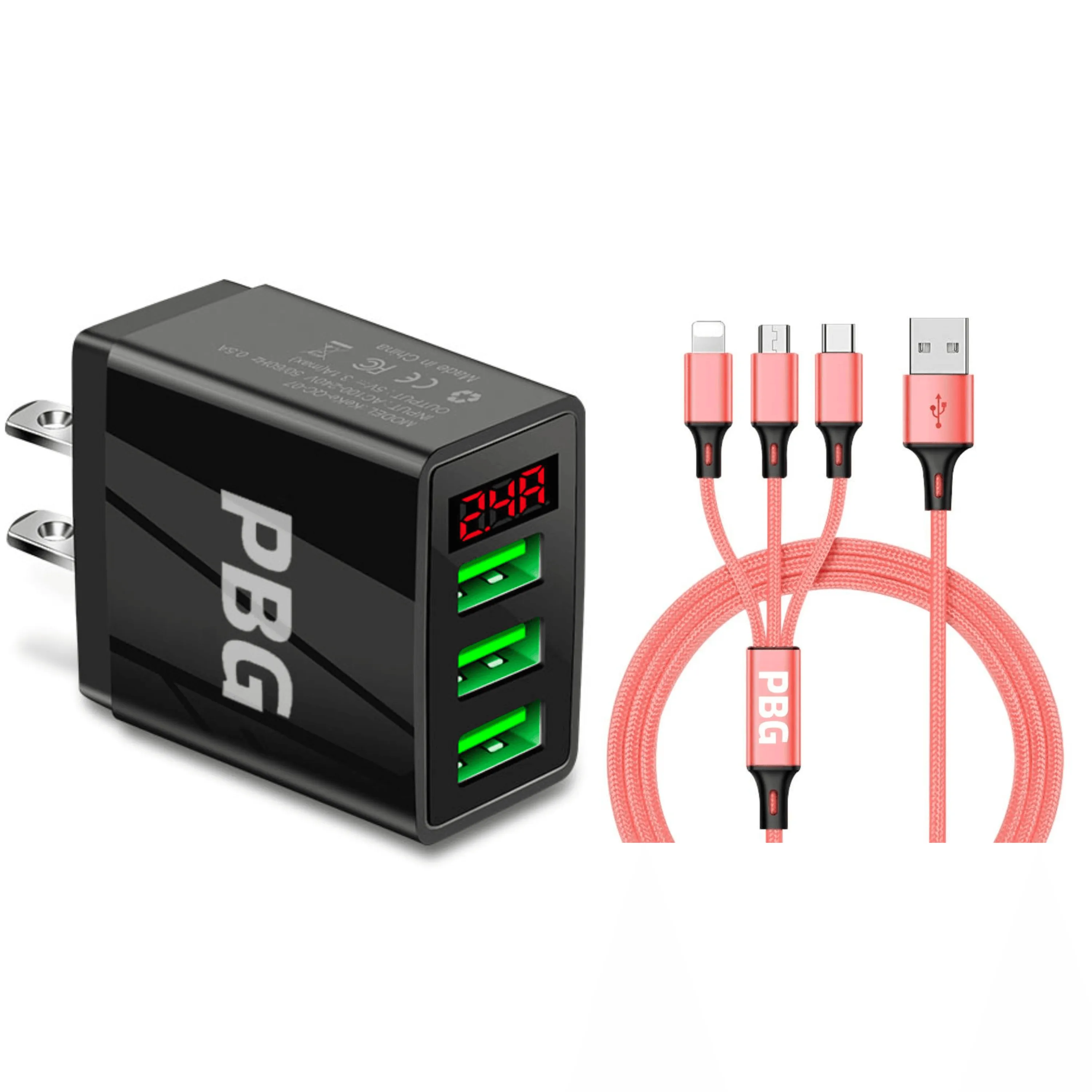 3 port LED Display Wall Charger  and 3 in 1 Cable Bundle Gold