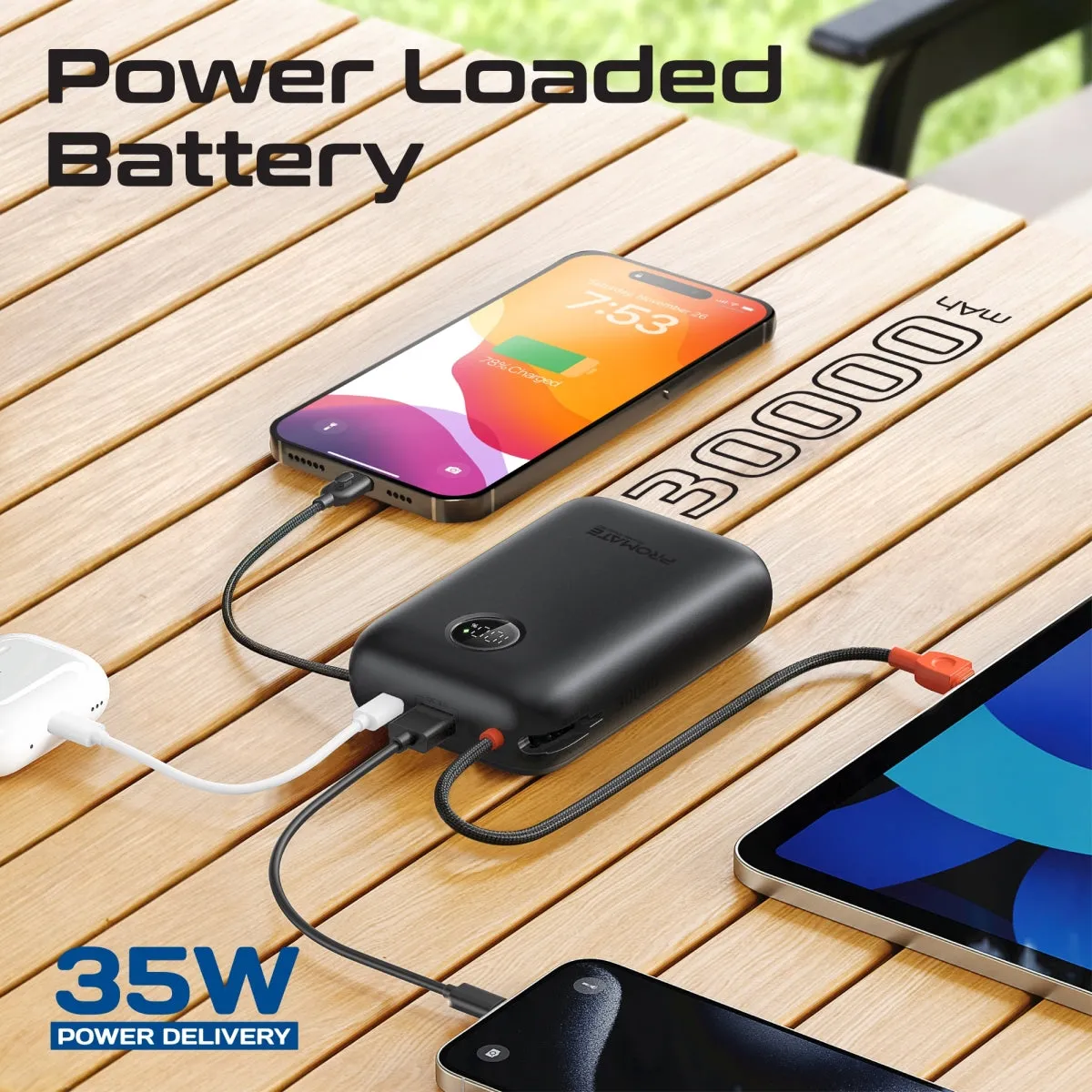 30000mAh Compact Power Bank with Built-In USB-C & Lightning Cable