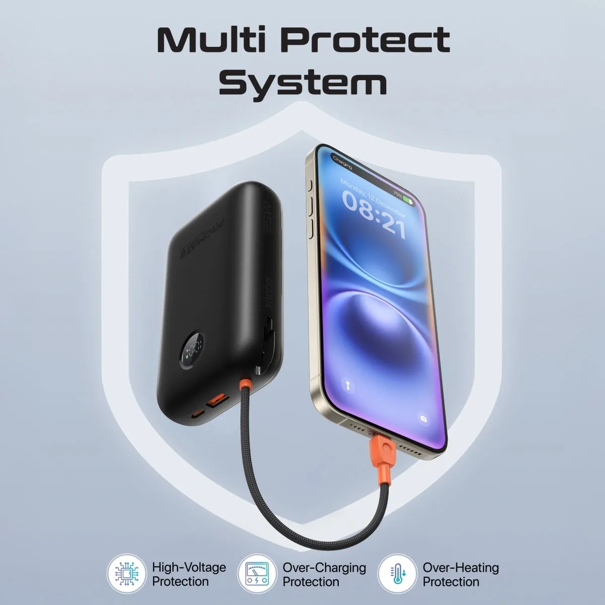 30000mAh Compact Power Bank with Built-In USB-C & Lightning Cable