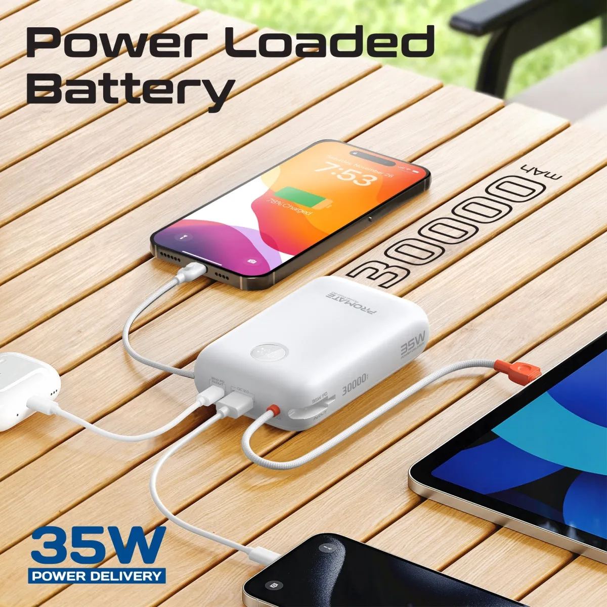 30000mAh Compact Power Bank with Built-In USB-C & Lightning Cable