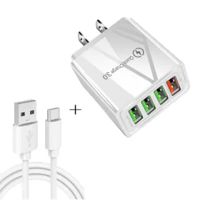 30W Quick Charge 3.0 Universal 4-Port USB & USB-C Travel Charger with 2-in-1 Data Cable Set