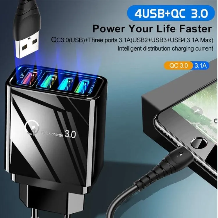 30W Quick Charge 3.0 Universal 4-Port USB & USB-C Travel Charger with 2-in-1 Data Cable Set