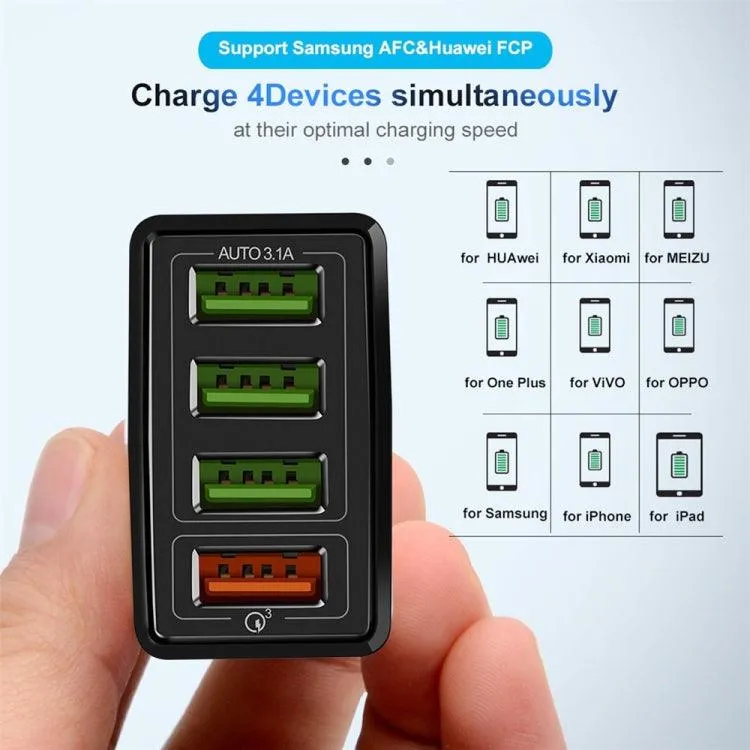 30W Quick Charge 3.0 Universal 4-Port USB & USB-C Travel Charger with 2-in-1 Data Cable Set