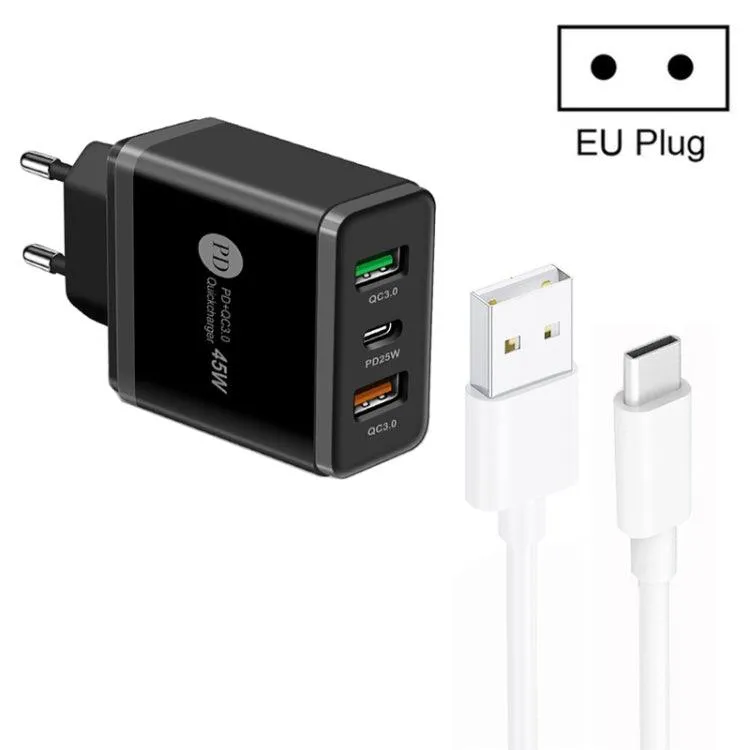 45W Multi-Port USB Charger with 25W PD, Dual QC3.0 USB Ports & USB-C Cable, EU Plug