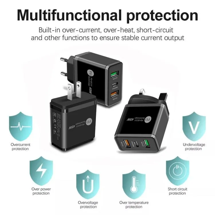 45W Multi-Port USB Charger with 25W PD, Dual QC3.0 USB Ports & USB-C Cable, EU Plug