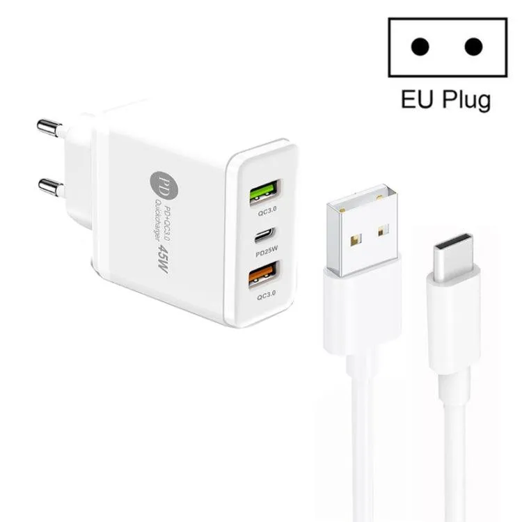 45W Multi-Port USB Charger with 25W PD, Dual QC3.0 USB Ports & USB-C Cable, EU Plug