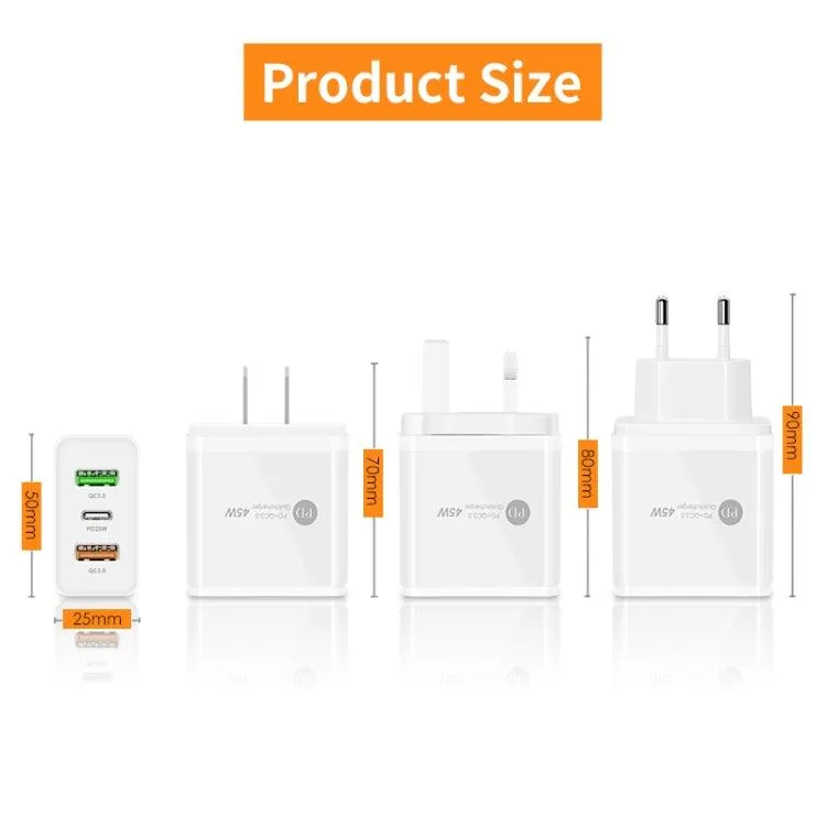 45W Multi-Port USB Charger with 25W PD, Dual QC3.0 USB Ports & USB-C Cable, EU Plug