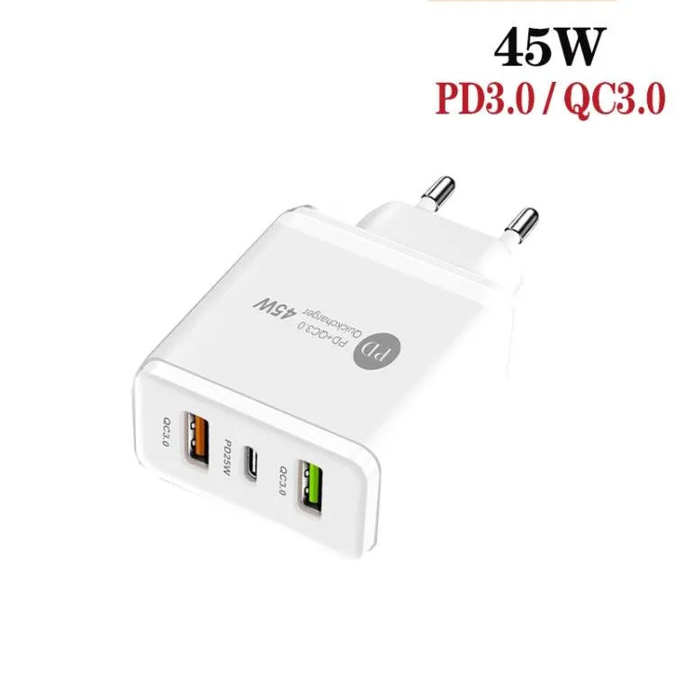 45W Multi-Port USB Charger with 25W PD, Dual QC3.0 USB Ports & USB-C Cable, EU Plug