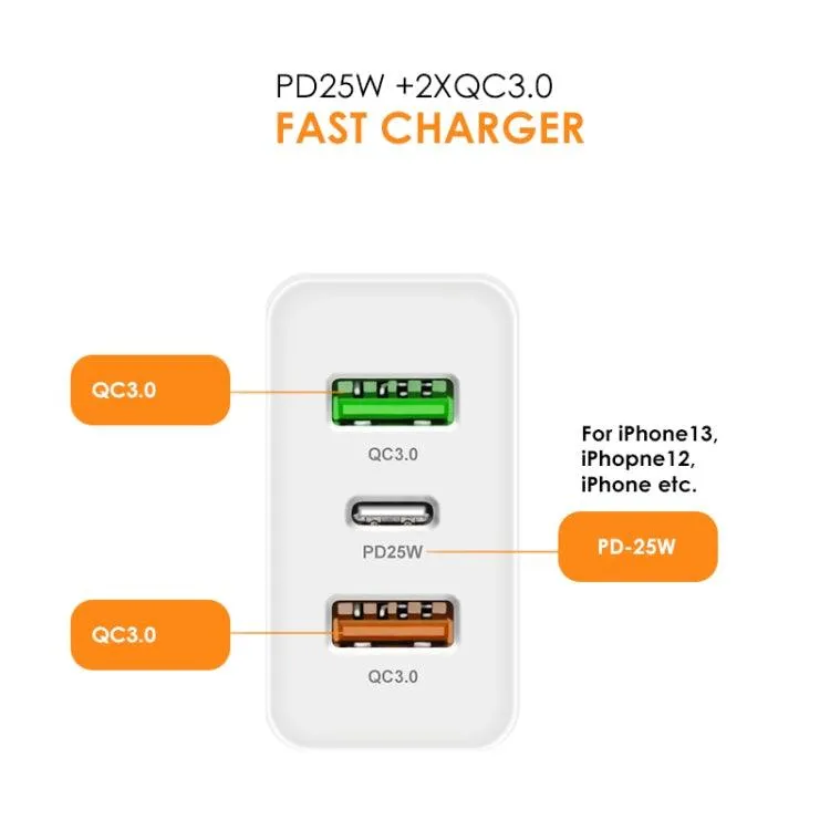 45W Multi-Port USB Charger with 25W PD, Dual QC3.0 USB Ports & USB-C Cable, EU Plug