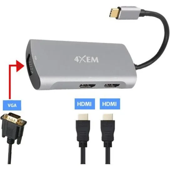 4Xem 3-Port Usb-C To Hdmi And Vga Multi-Monitor Hub