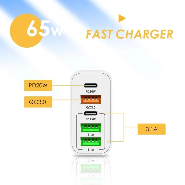 65W 5-Port USB & PD Type-C Multi Charger with 3A Data Cable - US Plug