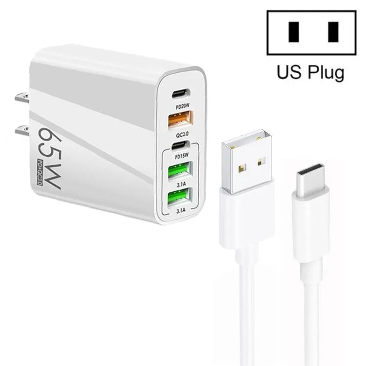 65W 5-Port USB & PD Type-C Multi Charger with 3A Data Cable - US Plug