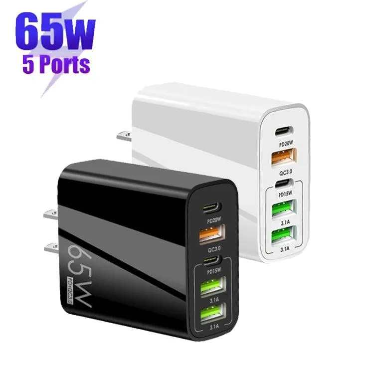 65W 5-Port USB & PD Type-C Multi Charger with 3A Data Cable - US Plug