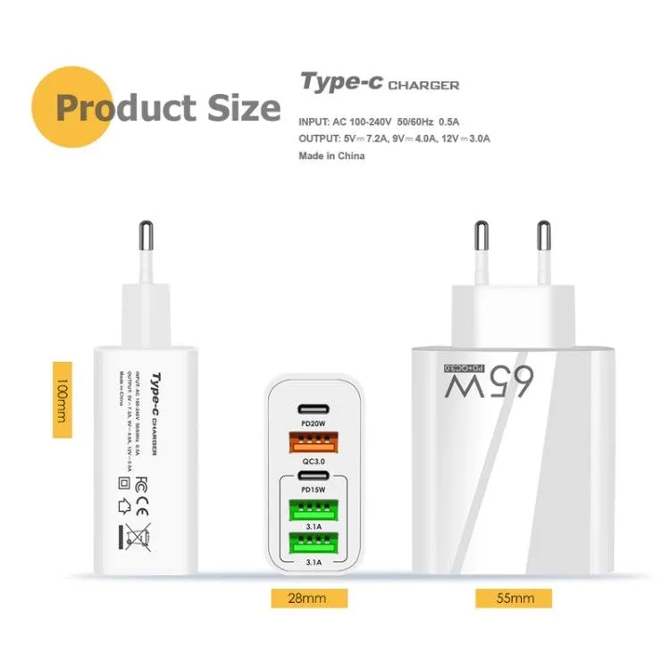 65W 5-Port USB & PD Type-C Multi Charger with 3A Data Cable - US Plug