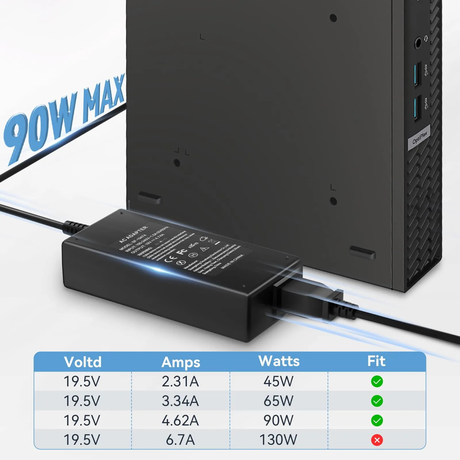 90W AC Adapter for Dell Optiplex Micro 9020 7050 7010 7040 3050 7060 5050 5060 7070 Micro Desktop Power Supply-for Dell Optiplex Micro PC- for Optiplex 3060 3070 3080