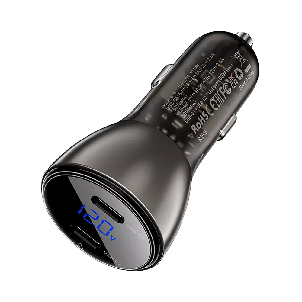 Acefast B10 metal car charger 60W (USB-C   USB-C) with digital display black