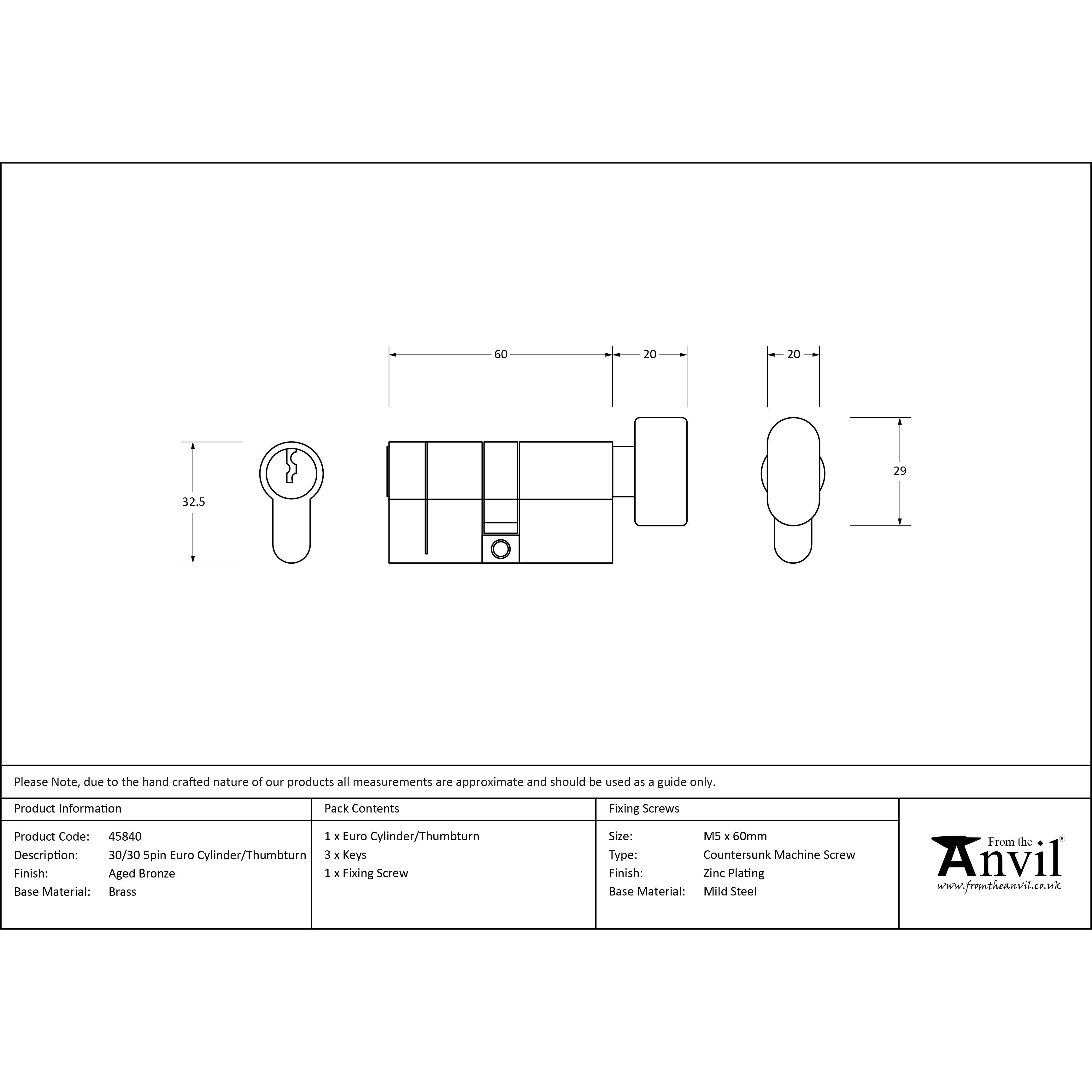 Aged Bronze 30/30 5pin Euro Cylinder/Thumbturn | From The Anvil