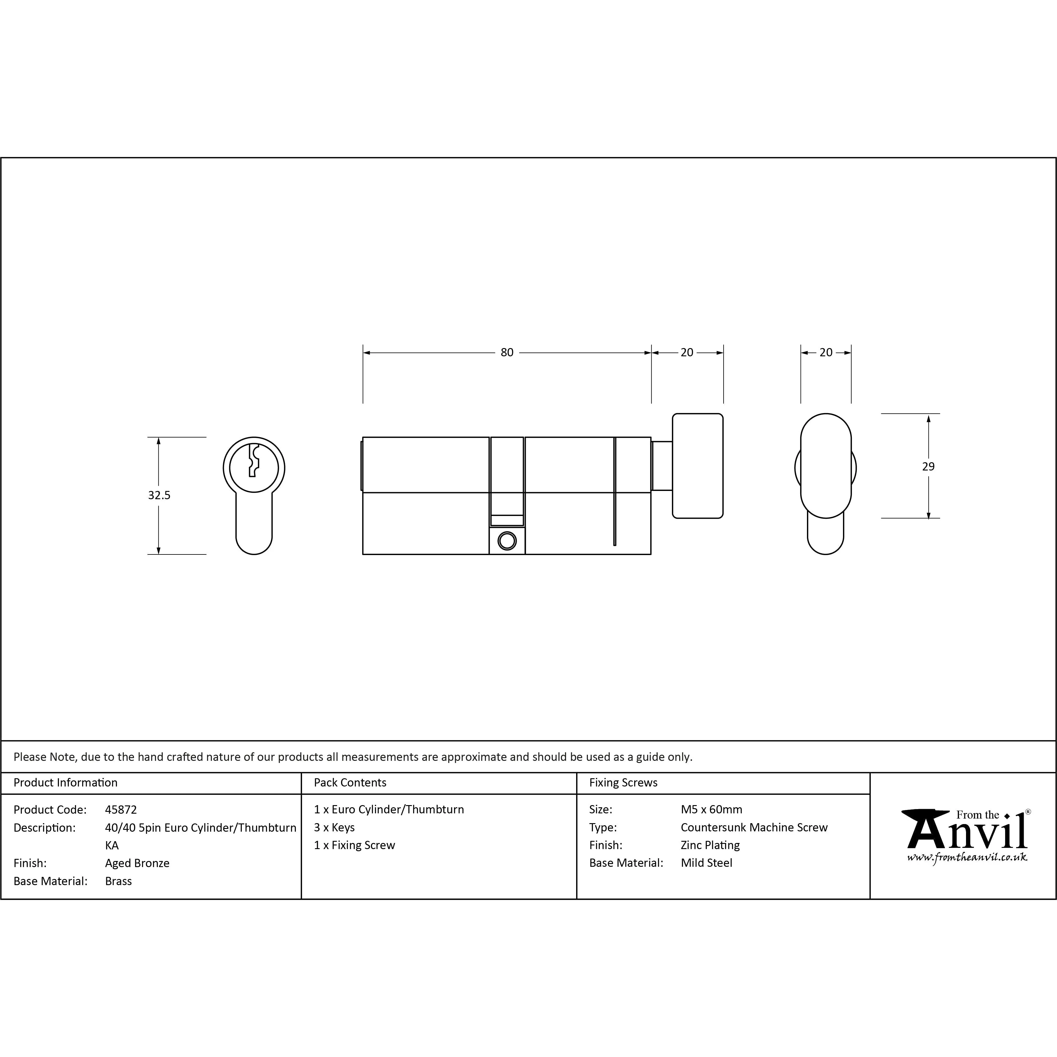 Aged Bronze 40/40 5pin Euro Cylinder/Thumbturn KA | From The Anvil