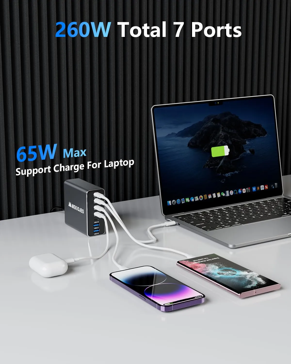 Aluminum Alloy 260W USB C Charger GaN Charger Fast USB C Charging Station 7 Ports 65W Laptop Charger for MacBook Pro/Air/iPad Pro/iPhone (Grey)