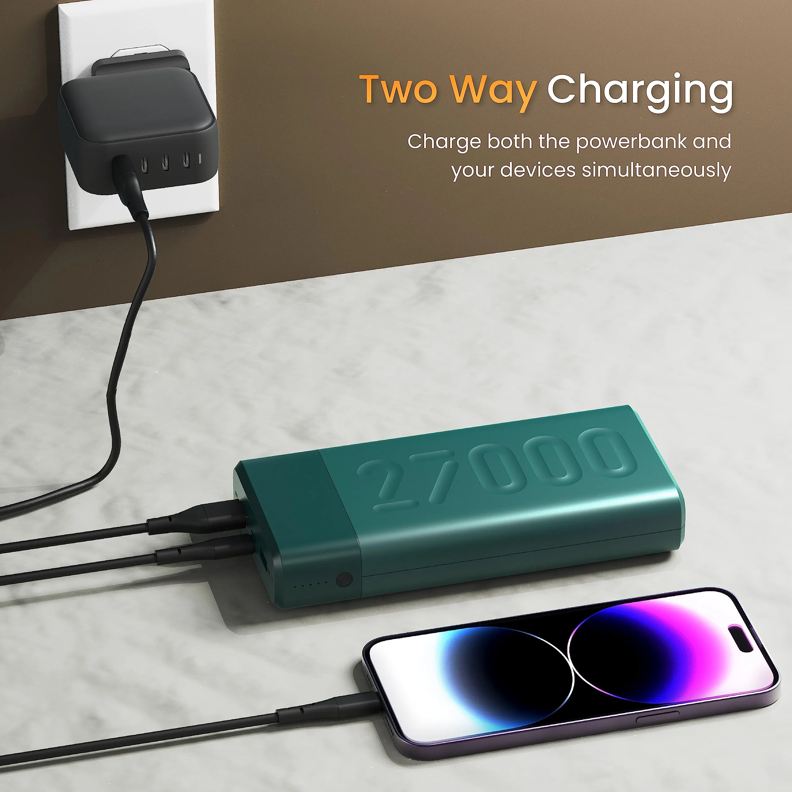 Ambrane 27000mAh Power Bank, 20W Fast Charging, Triple Output, Type C PD (Input & Output), Quick Charge, Li-Polymer, Multi-Layer Protection for iPhone, Smartphones & Other Devices (Stylo Pro, Green)