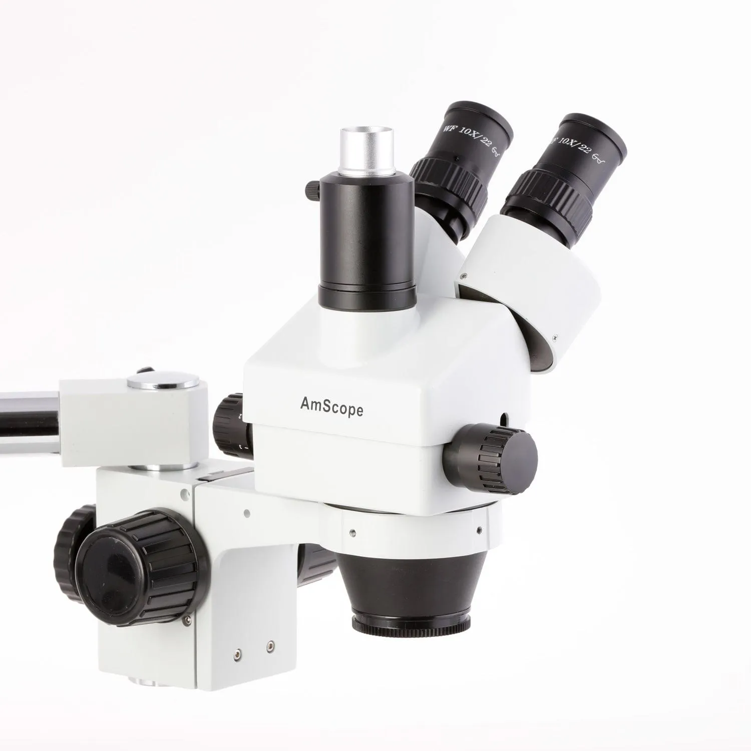 AmScope SM-3 Series Simul-Focal Zoom Trinocular Stereo Microscope with 144 LED Ring Light and Auto Focus Camera on Single Arm Boom Stand