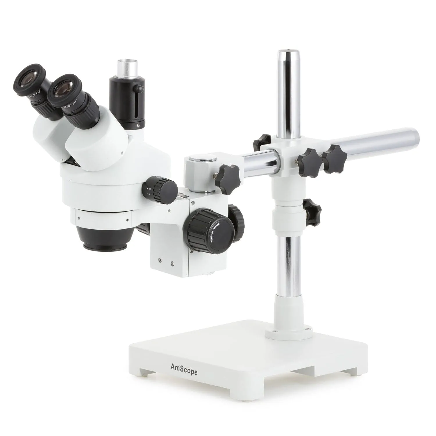 AmScope SM-3 Series Simul-Focal Zoom Trinocular Stereo Microscope with 144 LED Ring Light and Auto Focus Camera on Single Arm Boom Stand