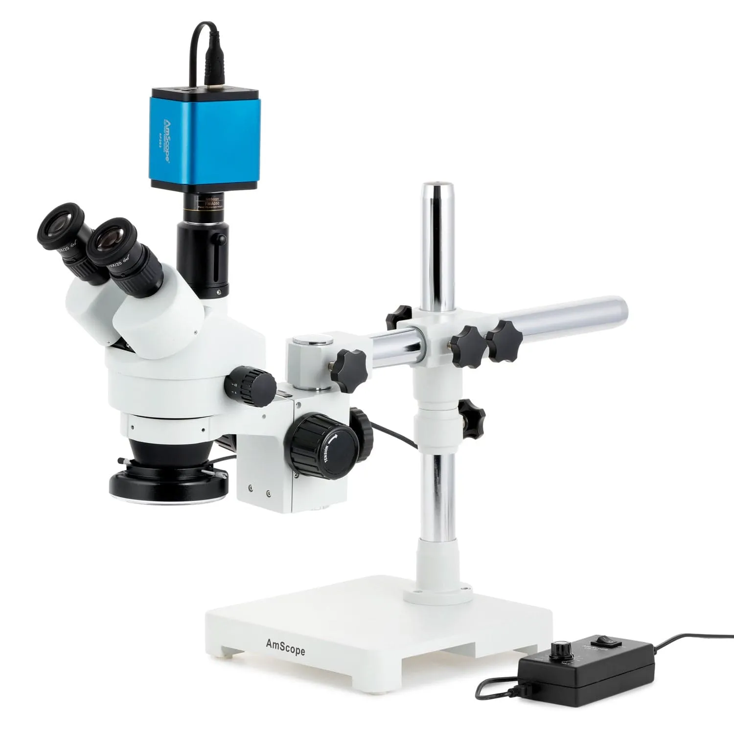 AmScope SM-3 Series Simul-Focal Zoom Trinocular Stereo Microscope with 144 LED Ring Light and Auto Focus Camera on Single Arm Boom Stand