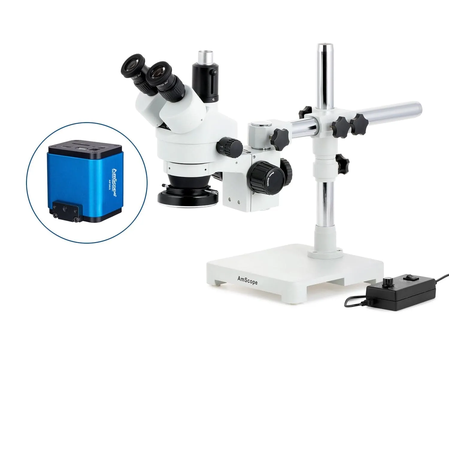 AmScope SM-3 Series Simul-Focal Zoom Trinocular Stereo Microscope with 144 LED Ring Light and Auto Focus Camera on Single Arm Boom Stand