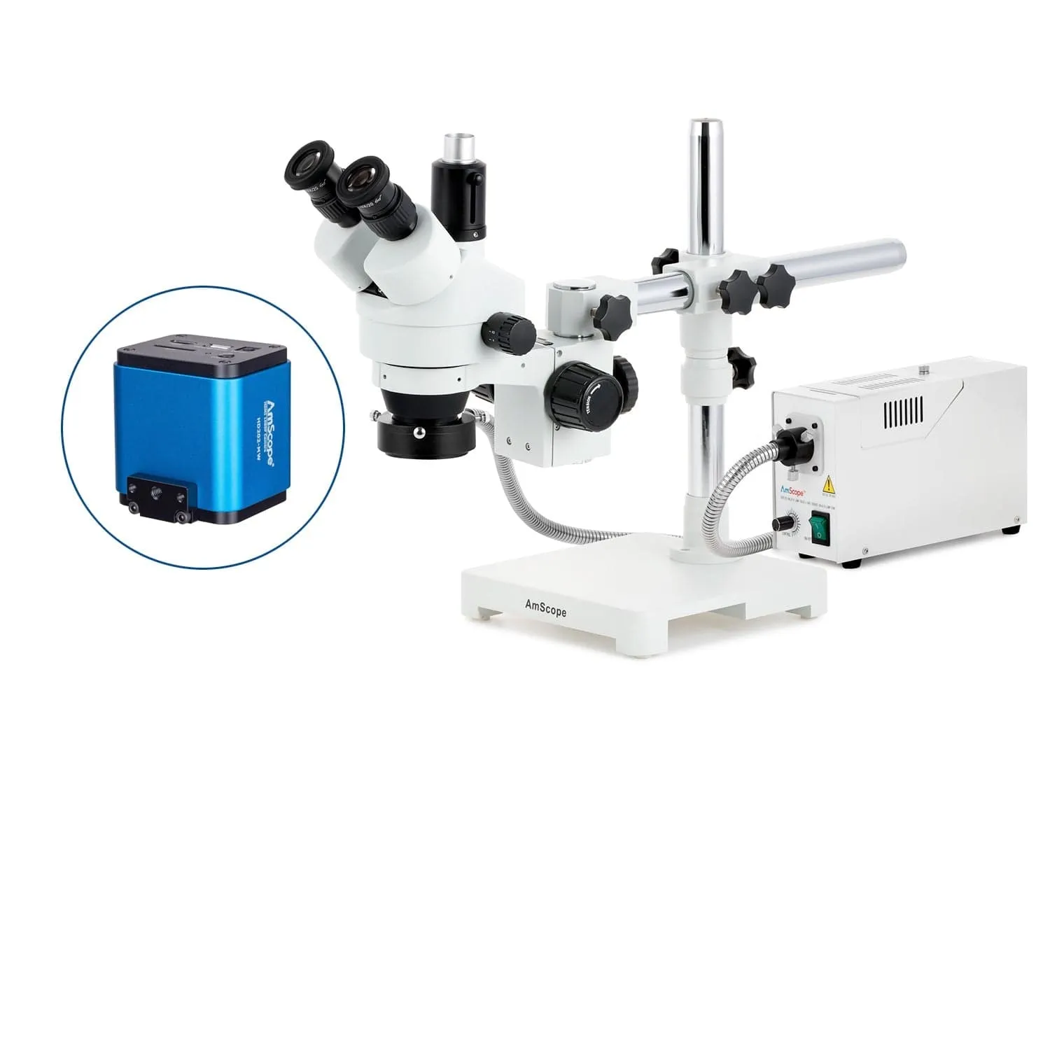 AmScope SM-3 Series Simul-Focal Zoom Trinocular Stereo Microscope with 150W Halogen Ring Light and HDMI Camera on Single Arm Boom Stand