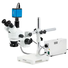 AmScope SM-3 Series Simul-Focal Zoom Trinocular Stereo Microscope with 150W Halogen Ring Light and HDMI Camera on Single Arm Boom Stand