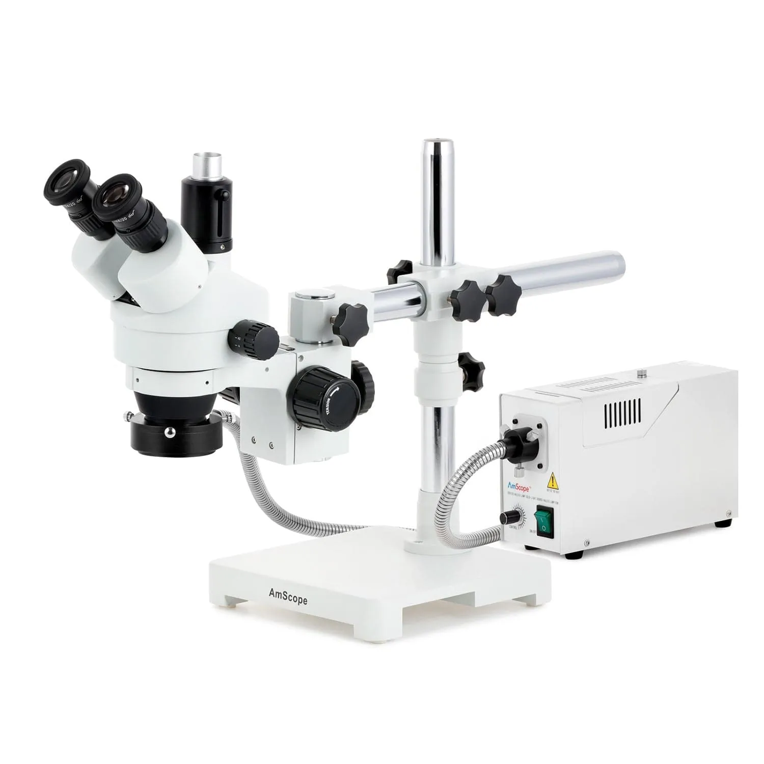 AmScope SM-3 Series Simul-Focal Zoom Trinocular Stereo Microscope with 150W Halogen Ring Light and HDMI Camera on Single Arm Boom Stand