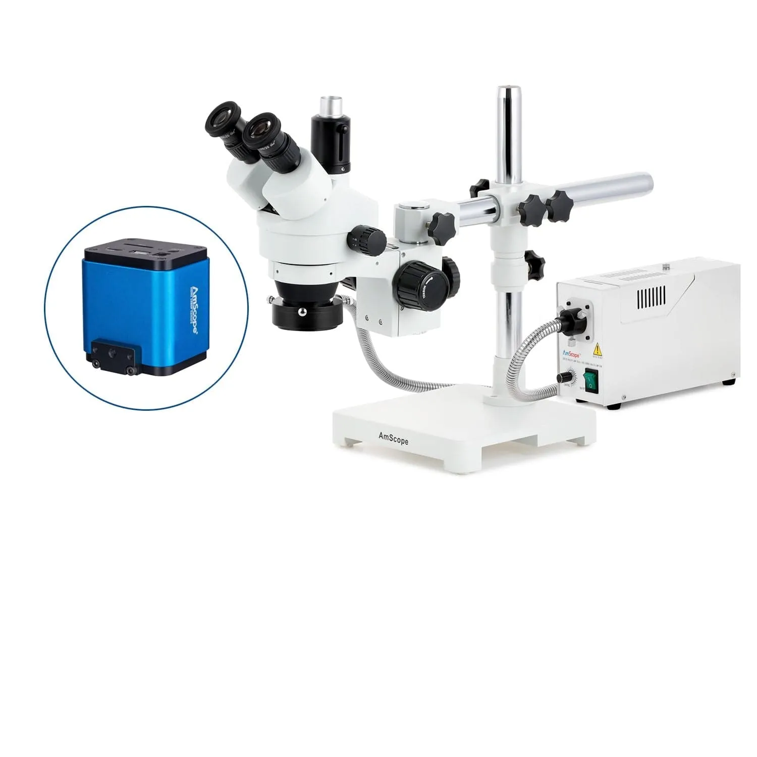 AmScope SM-3 Series Simul-Focal Zoom Trinocular Stereo Microscope with 150W Halogen Ring Light and HDMI Camera on Single Arm Boom Stand