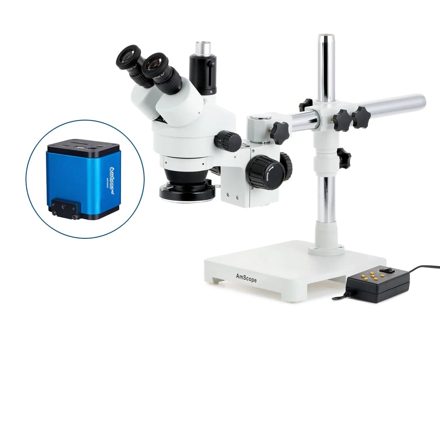 AmScope SM-3 Series Simul-Focal Zoom Trinocular Stereo Microscope with Multi-Zone 144 LED and Auto Focus Camera on Single Arm Boom Stand