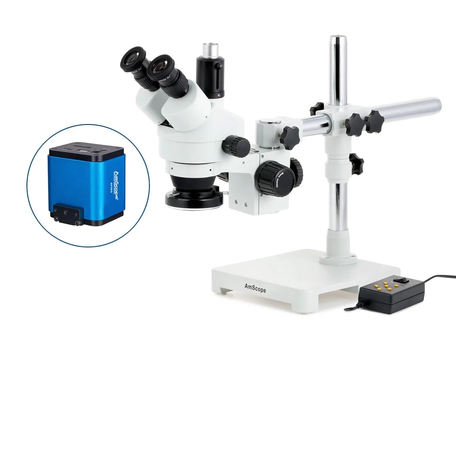 AmScope SM-3 Series Simul-Focal Zoom Trinocular Stereo Microscope with Multi-Zone 144 LED and Auto Focus Camera on Single Arm Boom Stand