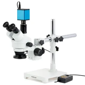 AmScope SM-3 Series Simul-Focal Zoom Trinocular Stereo Microscope with Multi-Zone 144 LED and Auto Focus Camera on Single Arm Boom Stand