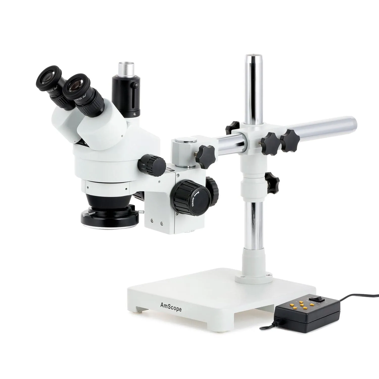 AmScope SM-3 Series Simul-Focal Zoom Trinocular Stereo Microscope with Multi-Zone 144 LED and Auto Focus Camera on Single Arm Boom Stand