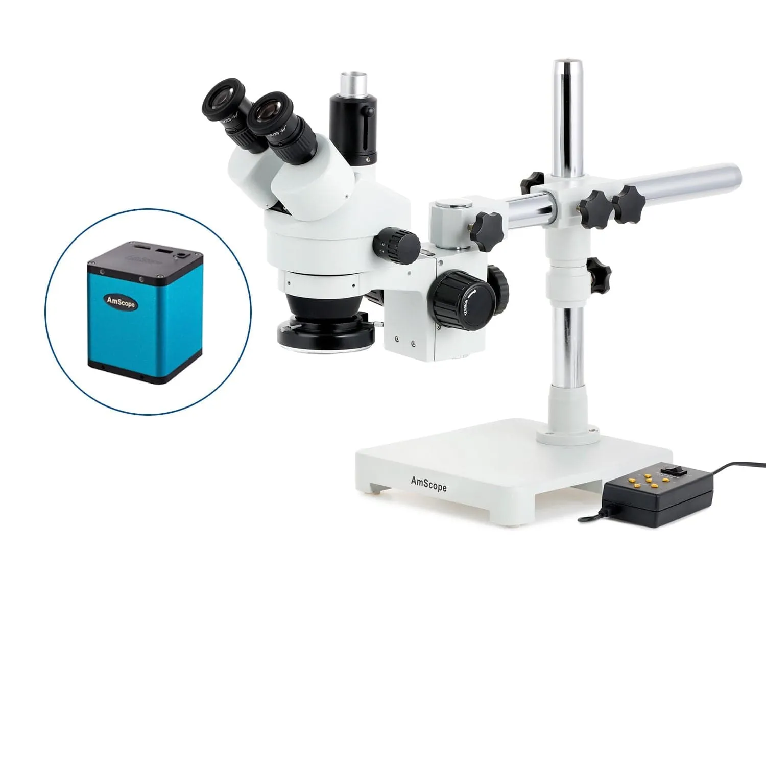 AmScope SM-3 Series Simul-Focal Zoom Trinocular Stereo Microscope with Multi-Zone 144 LED and Auto Focus Camera on Single Arm Boom Stand