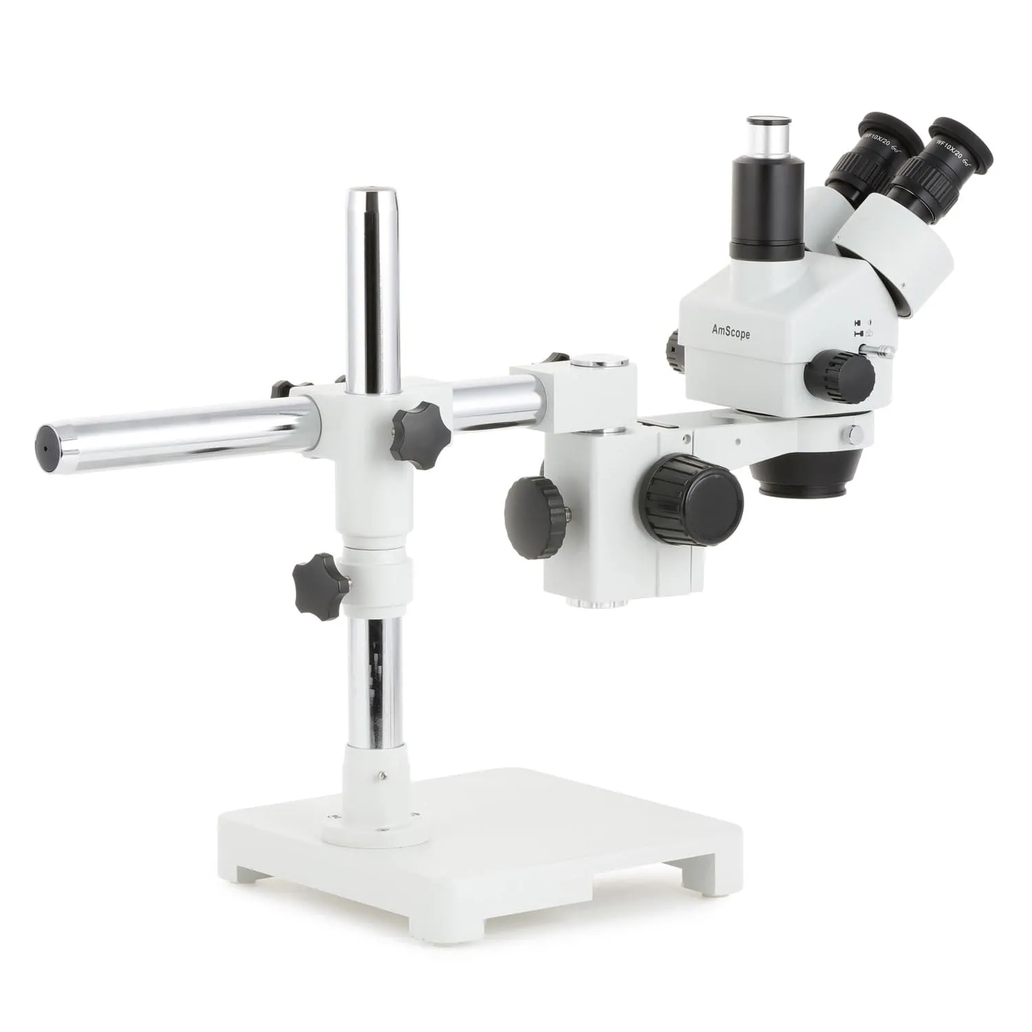 AmScope SM-3 Series Zoom Trinocular Stereo Microscope with 150W Halogen Dual Gooseneck & Ring Lights and Auto Focus Camera on Single Arm Boom Stand