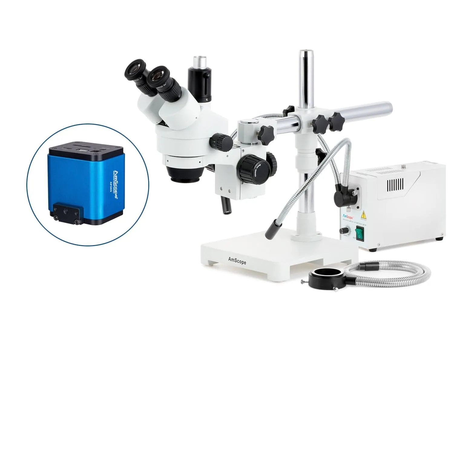 AmScope SM-3 Series Zoom Trinocular Stereo Microscope with 150W Halogen Dual Gooseneck & Ring Lights and Auto Focus Camera on Single Arm Boom Stand