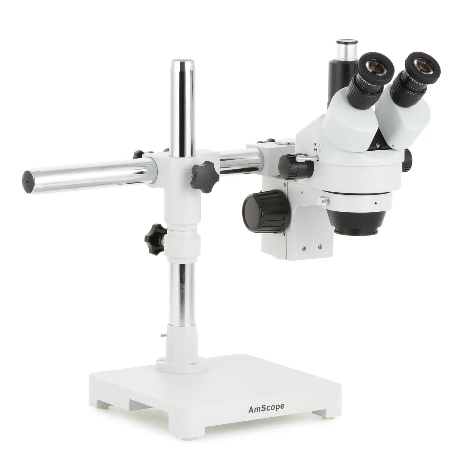 AmScope SM-3 Series Zoom Trinocular Stereo Microscope with 150W Halogen Dual Gooseneck & Ring Lights and Auto Focus Camera on Single Arm Boom Stand