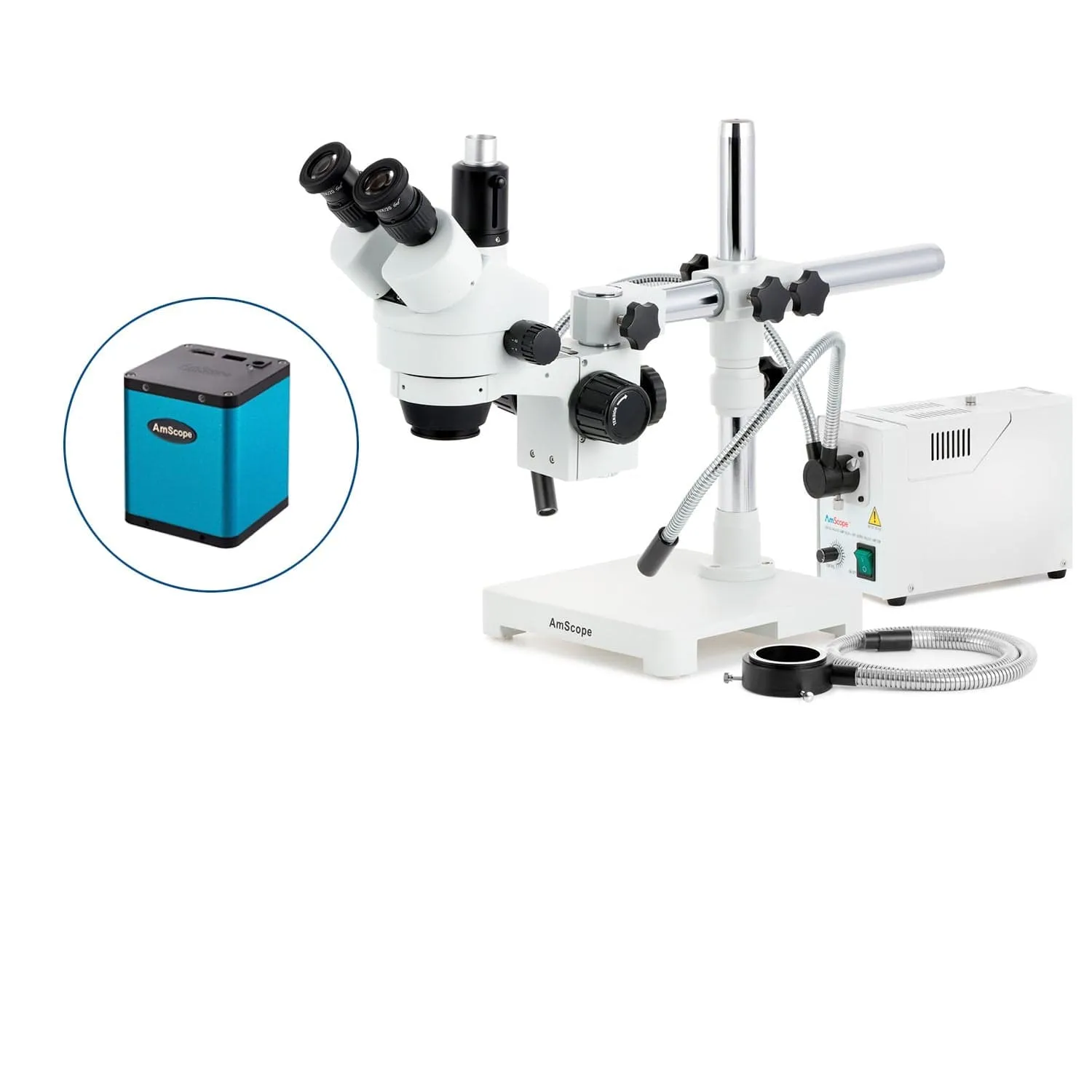 AmScope SM-3 Series Zoom Trinocular Stereo Microscope with 150W Halogen Dual Gooseneck & Ring Lights and Auto Focus Camera on Single Arm Boom Stand