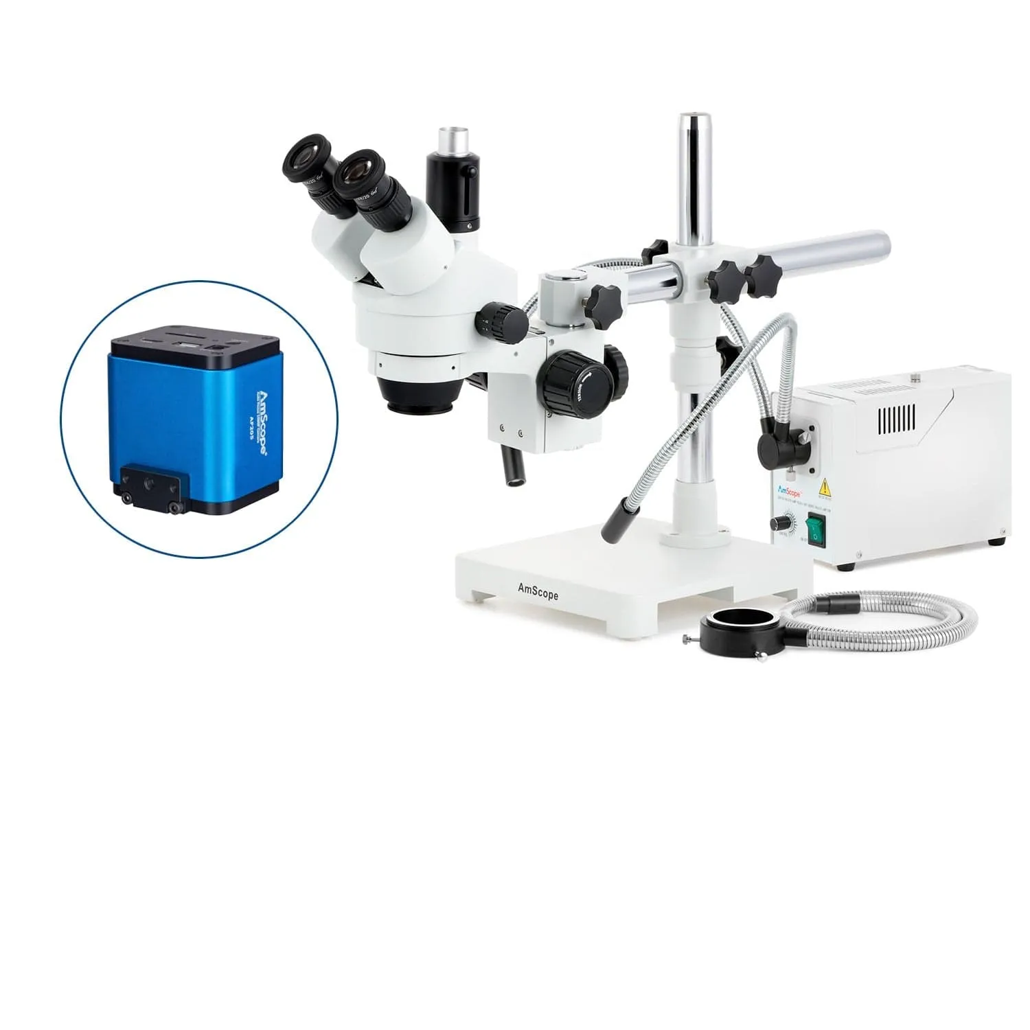 AmScope SM-3 Series Zoom Trinocular Stereo Microscope with 150W Halogen Dual Gooseneck & Ring Lights and Auto Focus Camera on Single Arm Boom Stand