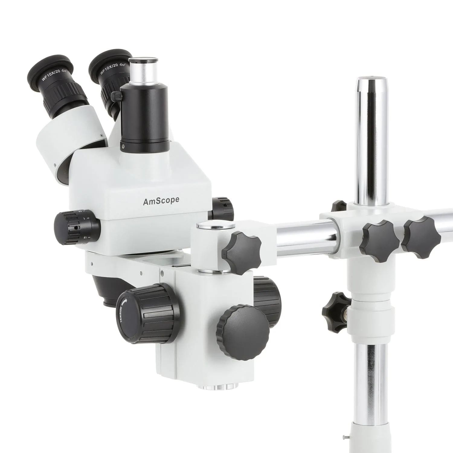 AmScope SM-3 Series Zoom Trinocular Stereo Microscope with 150W Halogen Dual Gooseneck & Ring Lights and Auto Focus Camera on Single Arm Boom Stand